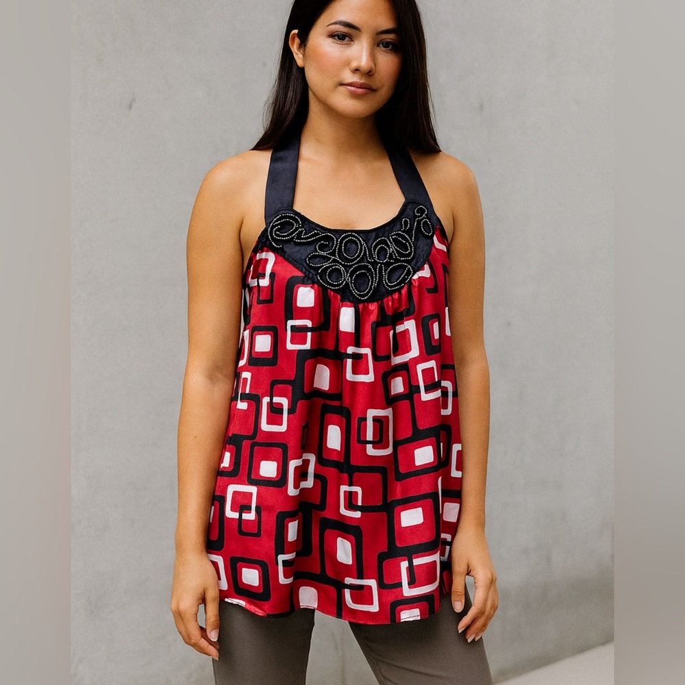 Ashley Stewart Red and Black Geometric Blouse